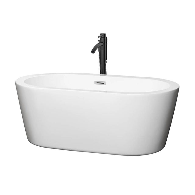 Wyndham Collection - Mermaid 60 Inch Freestanding Bathtub in White with Polished Chrome Trim and Floor Mounted Faucet in Matte Black