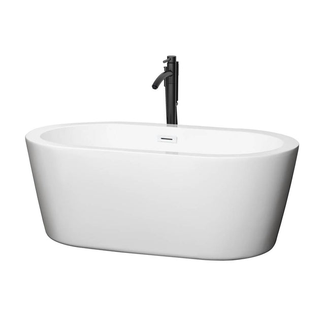 Wyndham Collection - Mermaid 60 Inch Freestanding Bathtub in White with Shiny White Trim and Floor Mounted Faucet in Matte Black