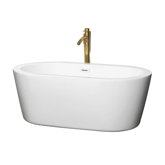 Wyndham Collection - Mermaid 60 Inch Freestanding Bathtub in White with Shiny White Trim and Floor Mounted Faucet in Brushed Gold