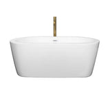Mermaid 60 Inch Freestanding Bathtub in White with Shiny White Trim and Floor Mounted Faucet in Brushed Gold