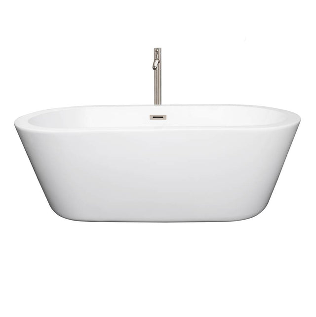 Wyndham Collection - Mermaid 67 Inch Freestanding Bathtub in White with Floor Mounted Faucet, Drain and Overflow Trim in Brushed Nickel - White With Brushed Nickel