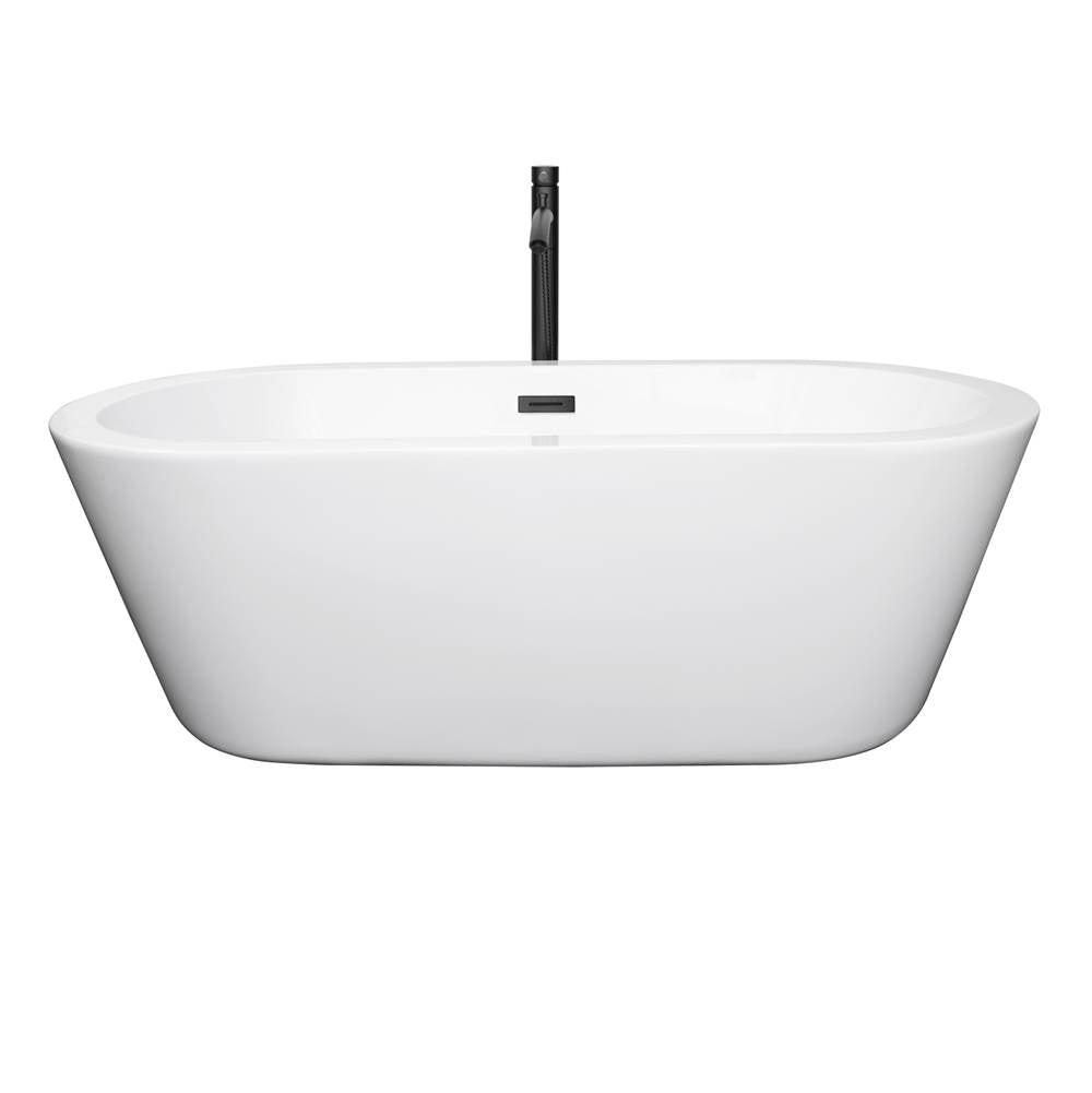 Mermaid 67 Inch Freestanding Bathtub in White with Floor Mounted Faucet, Drain and Overflow Trim in Matte Black