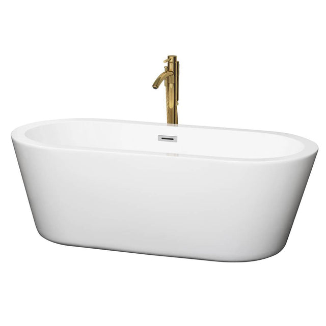 Wyndham Collection - Mermaid 67 Inch Freestanding Bathtub in White with Polished Chrome Trim and Floor Mounted Faucet in Brushed Gold