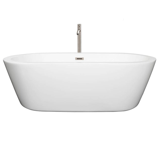 Wyndham Collection - Mermaid 71 Inch Freestanding Bathtub in White with Floor Mounted Faucet, Drain and Overflow Trim in Brushed Nickel - White With Brushed Nickel
