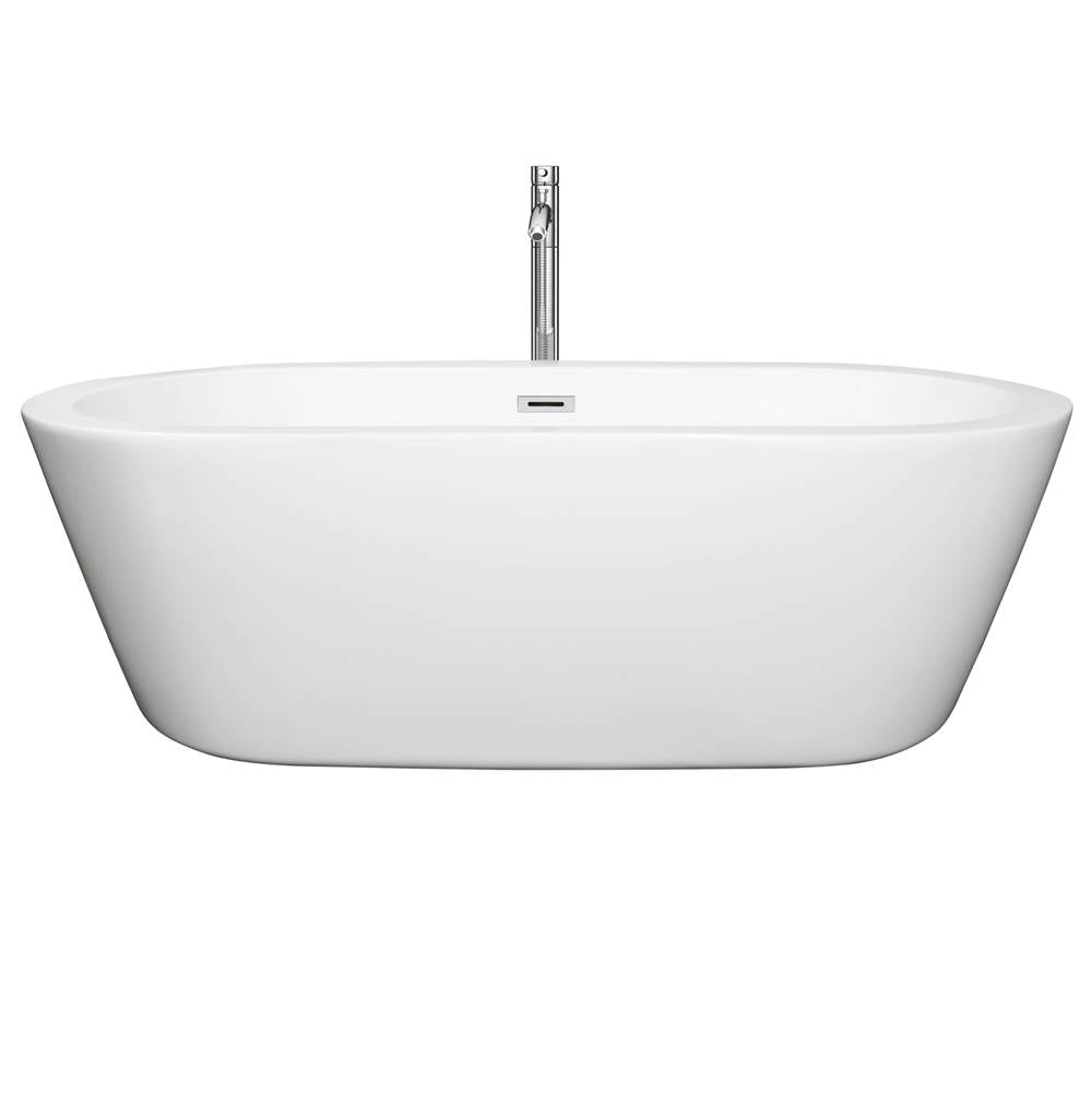 Mermaid 71 Inch Freestanding Bathtub in White with Floor Mounted Faucet, Drain and Overflow Trim in Brushed Nickel