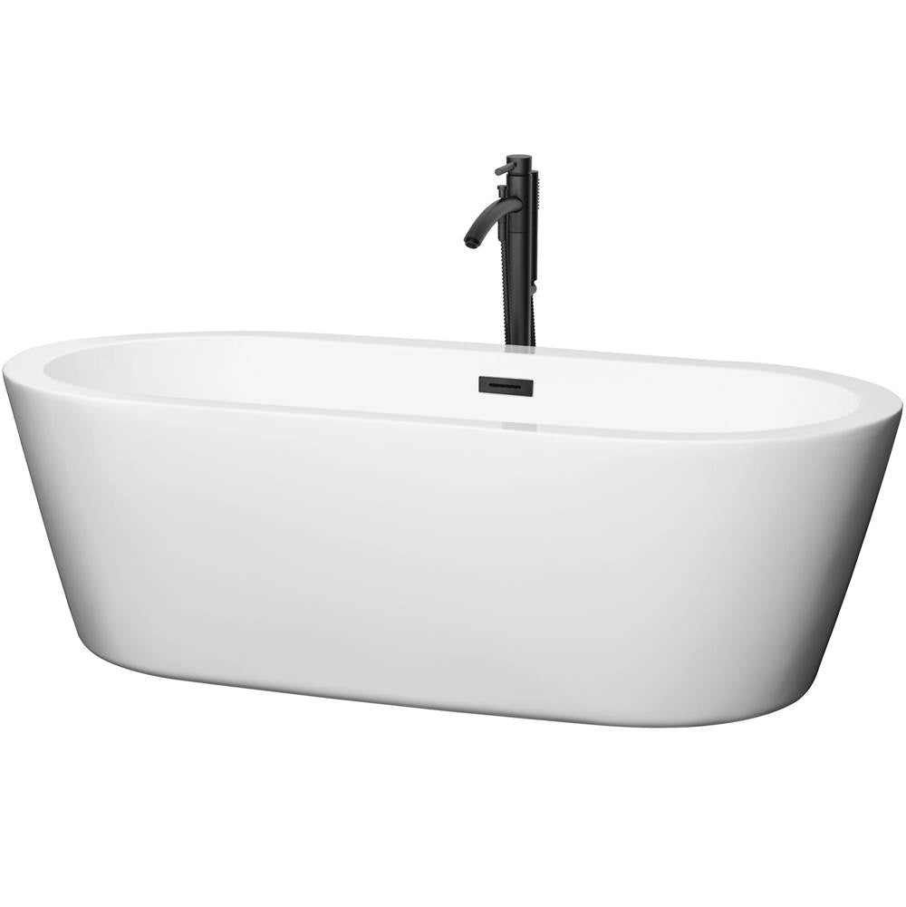 Wyndham Collection - Mermaid 71 Inch Freestanding Bathtub in White with Floor Mounted Faucet, Drain and Overflow Trim in Matte Black