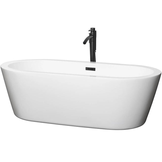 Wyndham Collection - Mermaid 71 Inch Freestanding Bathtub in White with Floor Mounted Faucet, Drain and Overflow Trim in Matte Black