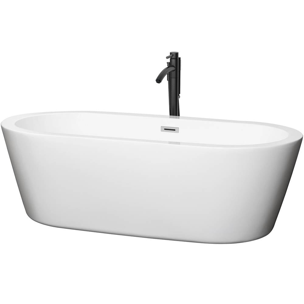 Wyndham Collection - Mermaid 71 Inch Freestanding Bathtub in White with Polished Chrome Trim and Floor Mounted Faucet in Matte Black