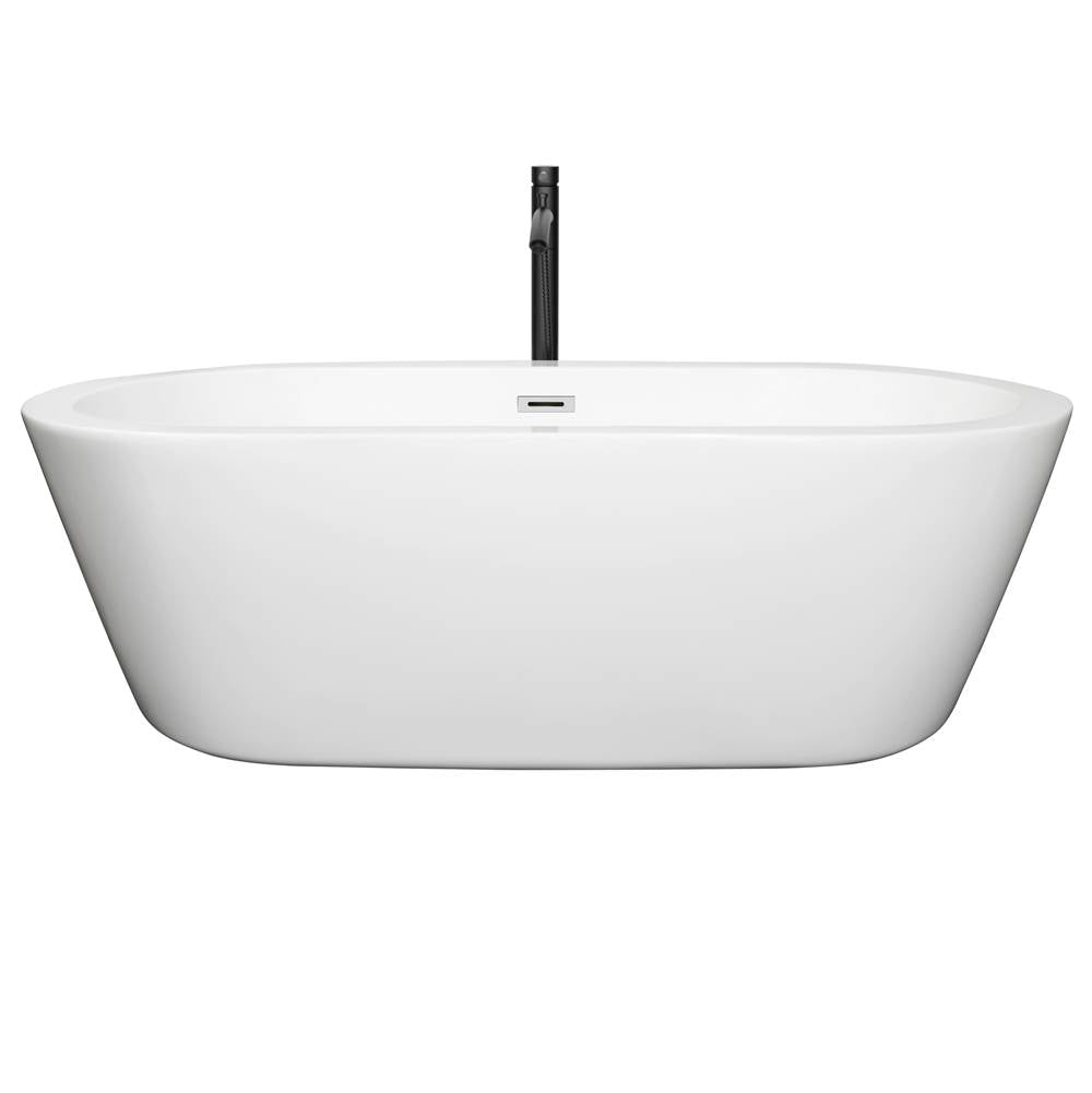 Mermaid 71 Inch Freestanding Bathtub in White with Polished Chrome Trim and Floor Mounted Faucet in Matte Black