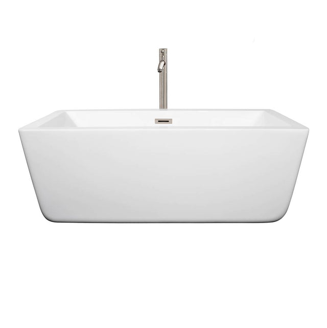 Wyndham Collection - Laura 59 Inch Freestanding Bathtub in White with Floor Mounted Faucet, Drain and Overflow Trim in Brushed Nickel - White With Brushed Nickel