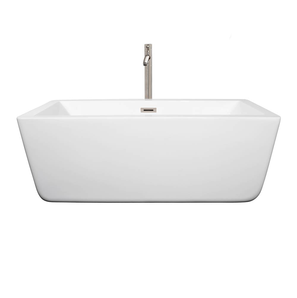 Laura 59 Inch Freestanding Bathtub in White with Floor Mounted Faucet, Drain and Overflow Trim in Brushed Nickel