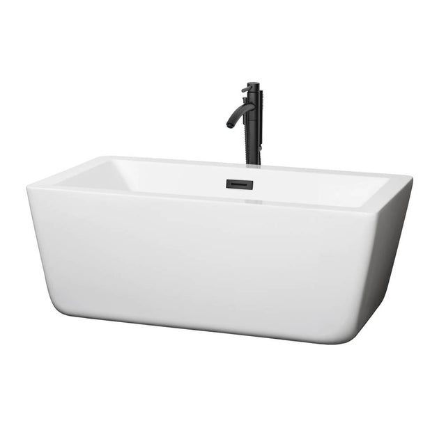 Wyndham Collection - Laura 59 Inch Freestanding Bathtub in White with Floor Mounted Faucet, Drain and Overflow Trim in Matte Black