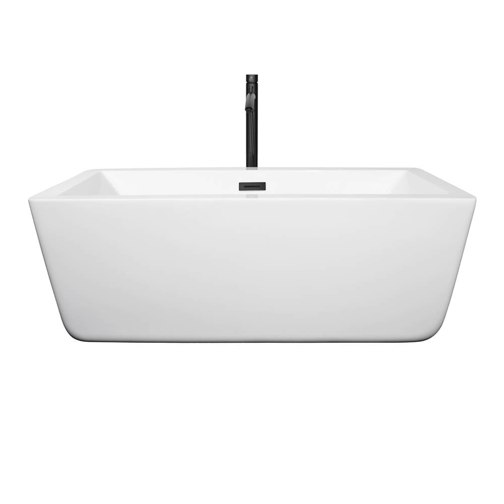 Laura 59 Inch Freestanding Bathtub in White with Floor Mounted Faucet, Drain and Overflow Trim in Matte Black