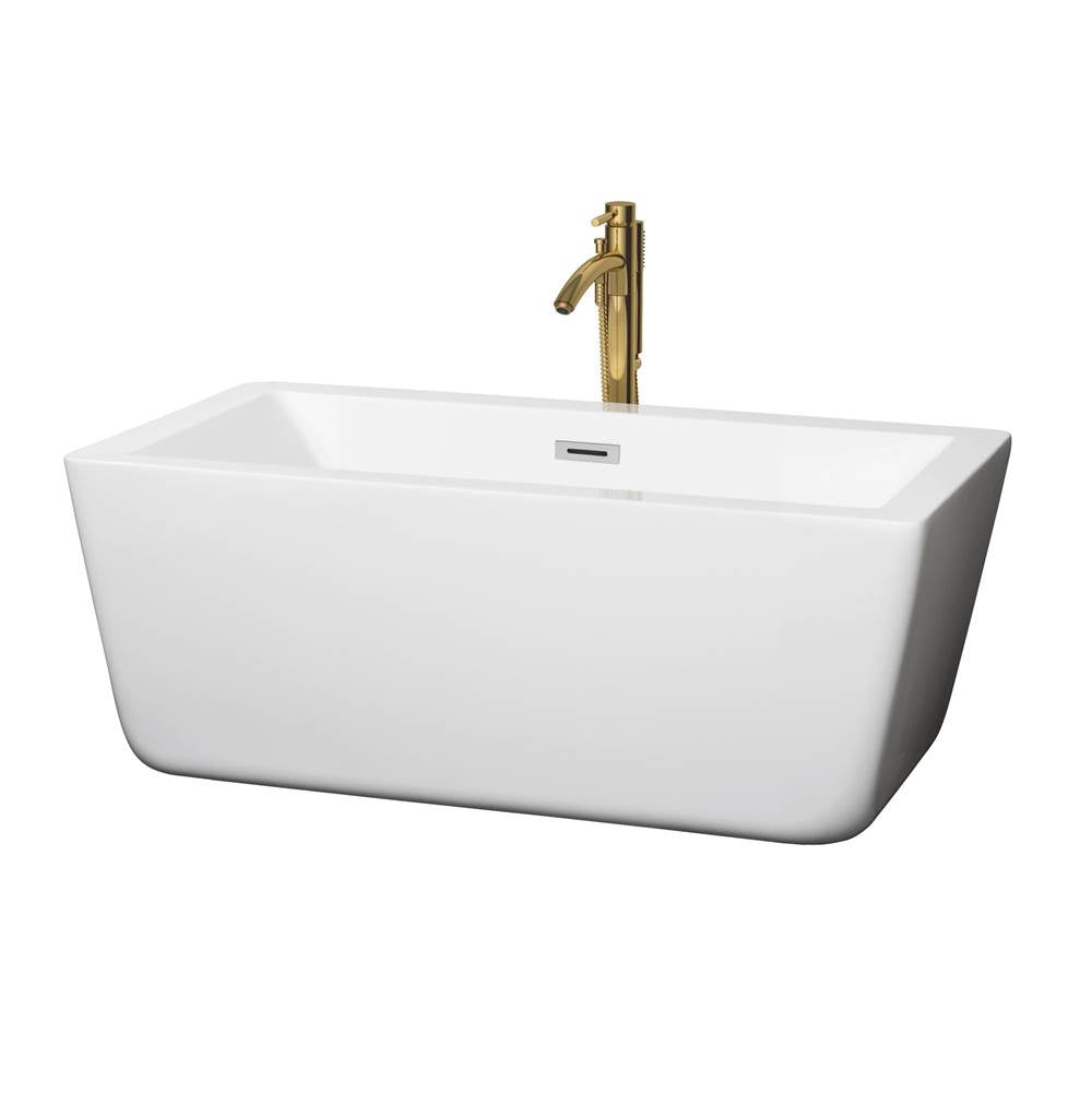 Wyndham Collection - Laura 59 Inch Freestanding Bathtub in White with Polished Chrome Trim and Floor Mounted Faucet in Brushed Gold