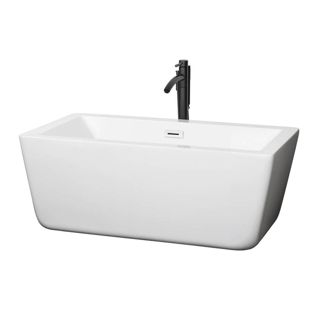 Wyndham Collection - Laura 59 Inch Freestanding Bathtub in White with Shiny White Trim and Floor Mounted Faucet in Matte Black