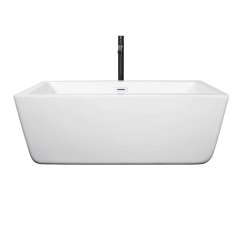 Laura 59 Inch Freestanding Bathtub in White with Shiny White Trim and Floor Mounted Faucet in Matte Black
