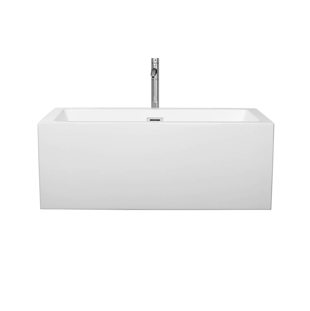 Melody 60 Inch Freestanding Bathtub in White with Floor Mounted Faucet, Drain and Overflow Trim in Brushed Nickel