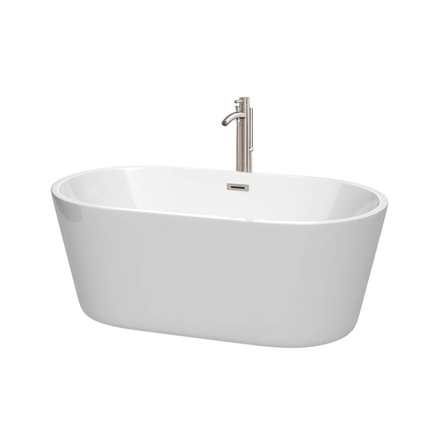 Wyndham Collection - Carissa 60 Inch Freestanding Bathtub in White with Floor Mounted Faucet, Drain and Overflow Trim in Brushed Nickel - White With Brushed Nickel