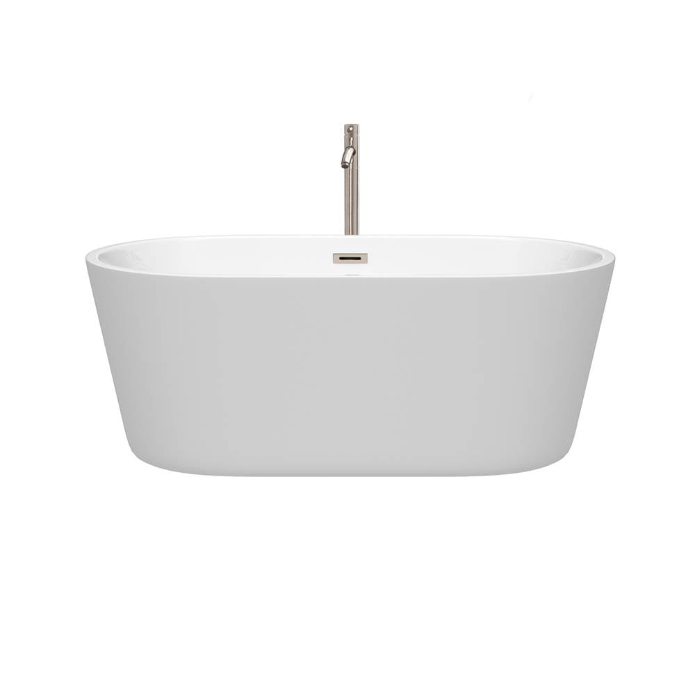 Carissa 60 Inch Freestanding Bathtub in White with Floor Mounted Faucet, Drain and Overflow Trim in Brushed Nickel