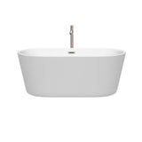 Carissa 60 Inch Freestanding Bathtub in White with Floor Mounted Faucet, Drain and Overflow Trim in Brushed Nickel