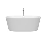 Carissa 60 Inch Freestanding Bathtub in White with Floor Mounted Faucet, Drain and Overflow Trim in Brushed Nickel