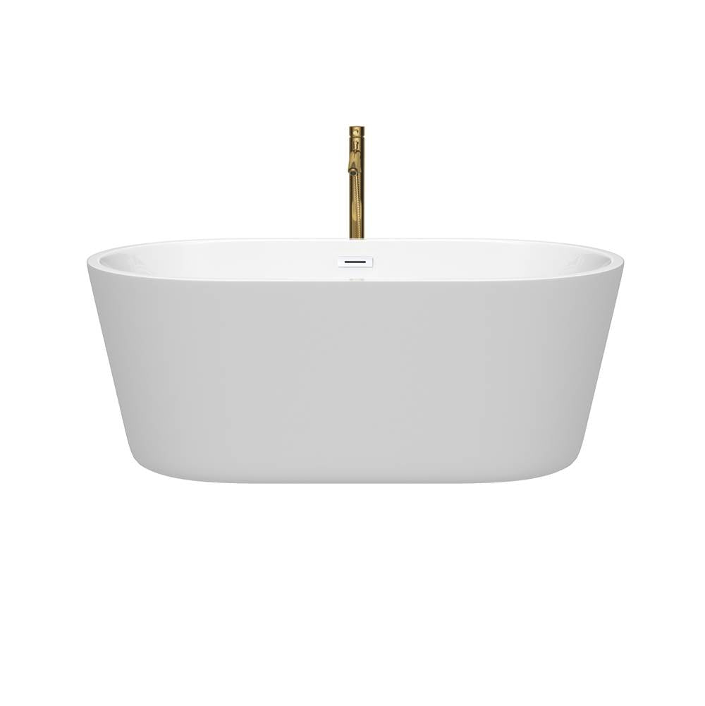 Carissa 60 Inch Freestanding Bathtub in White with Shiny White Trim and Floor Mounted Faucet in Brushed Gold