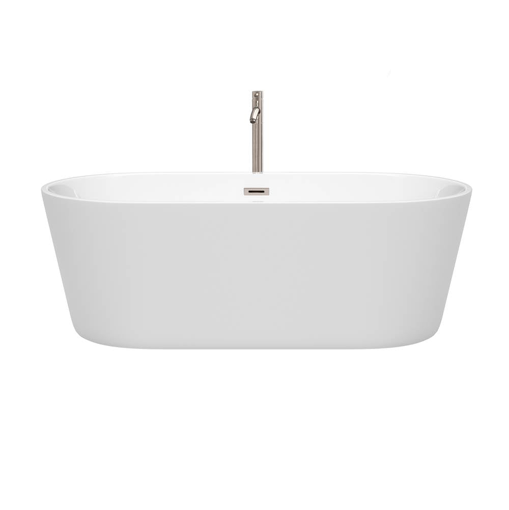 Carissa 67 Inch Freestanding Bathtub in White with Floor Mounted Faucet, Drain and Overflow Trim in Brushed Nickel