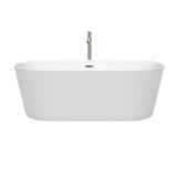 Carissa 67 Inch Freestanding Bathtub in White with Floor Mounted Faucet, Drain and Overflow Trim in Brushed Nickel