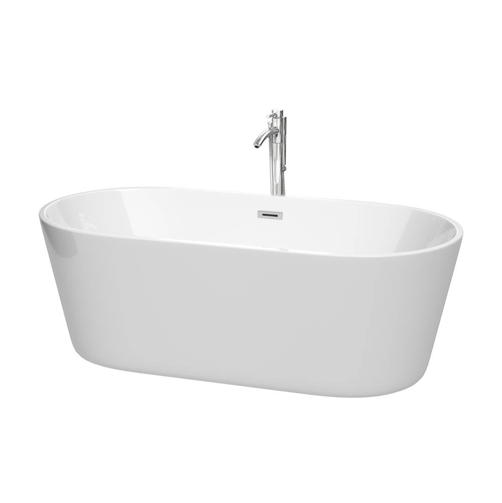 Wyndham Collection - Carissa 67 Inch Freestanding Bathtub in White with Floor Mounted Faucet, Drain and Overflow Trim in Polished Chrome - White With Polished Chrome