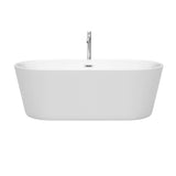Carissa 67 Inch Freestanding Bathtub in White with Floor Mounted Faucet, Drain and Overflow Trim in Brushed Nickel