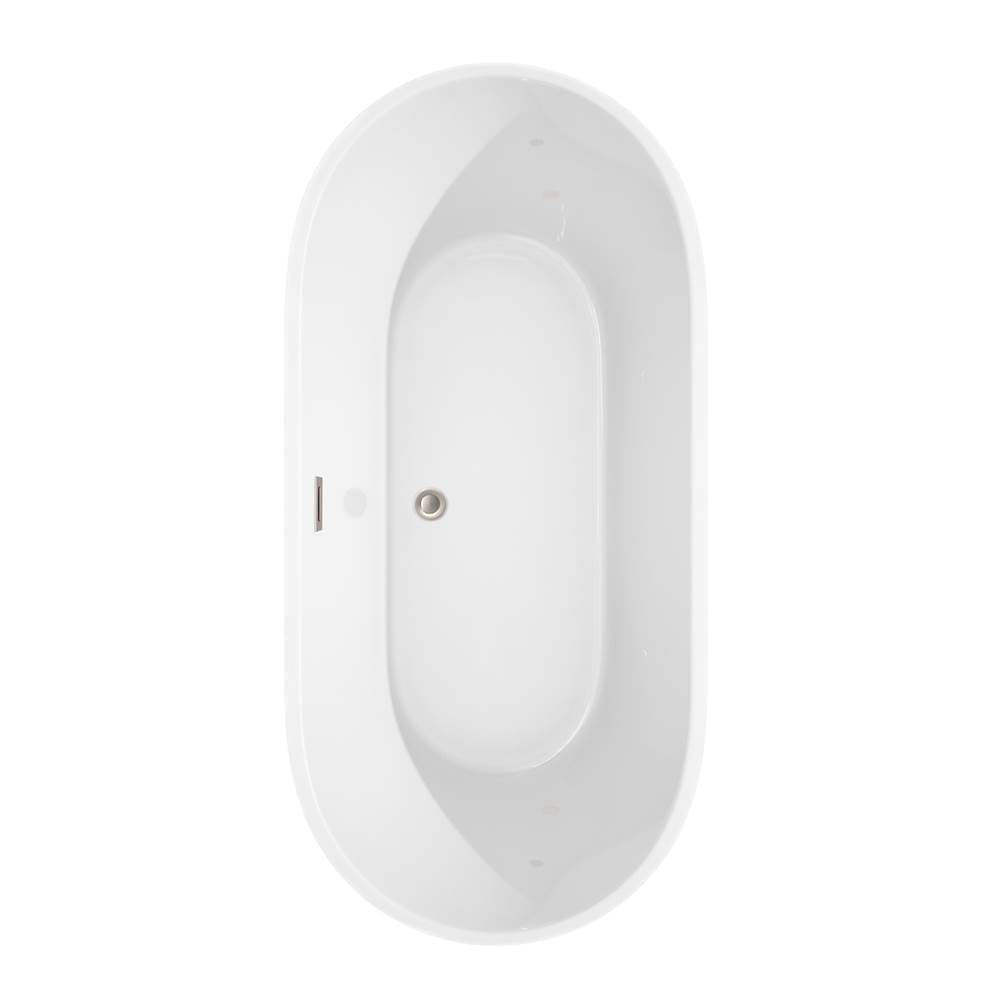 Carissa 67 Inch Freestanding Bathtub in White with Floor Mounted Faucet, Drain and Overflow Trim in Brushed Nickel