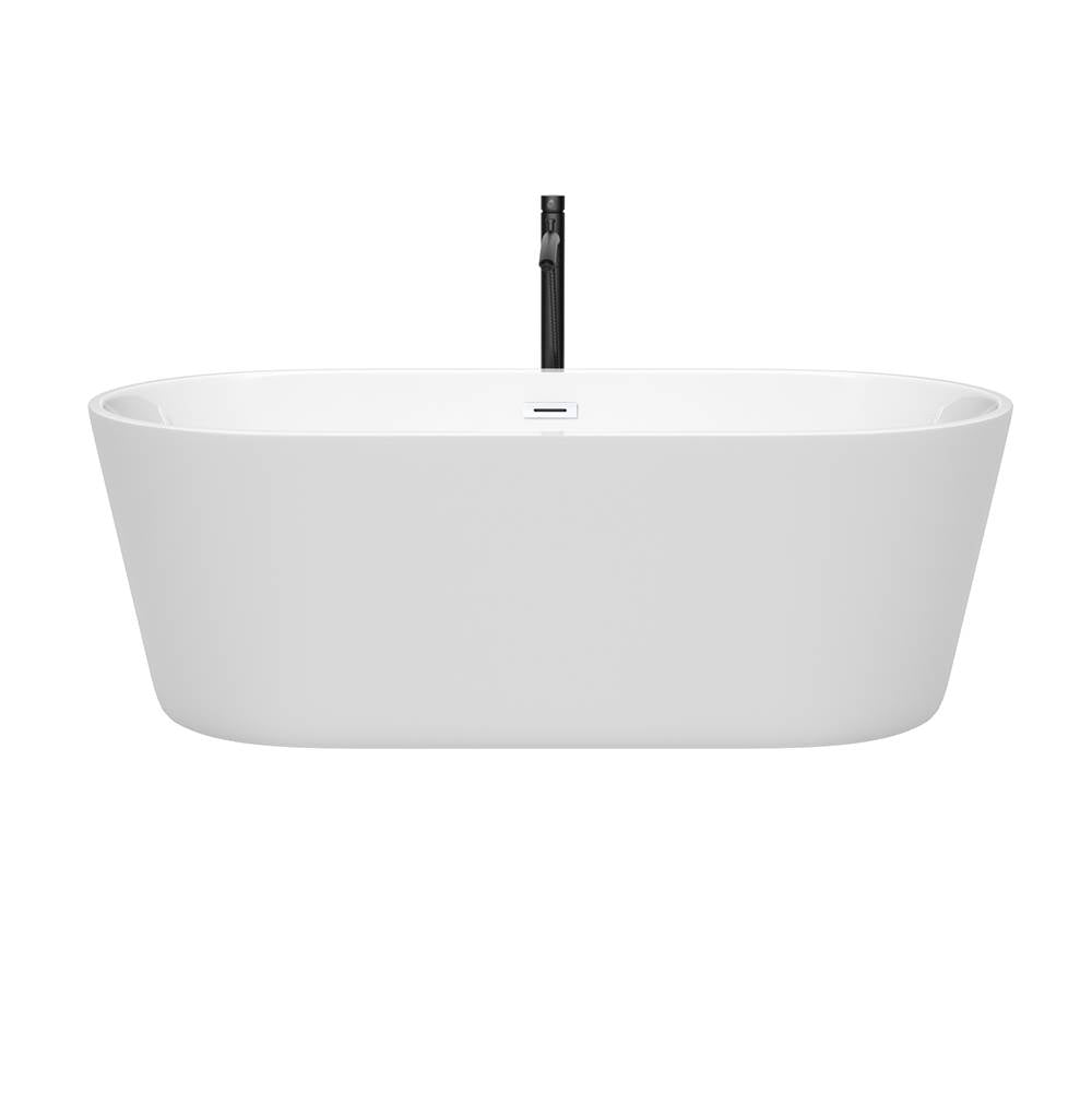 Carissa 67 Inch Freestanding Bathtub in White with Shiny White Trim and Floor Mounted Faucet in Matte Black