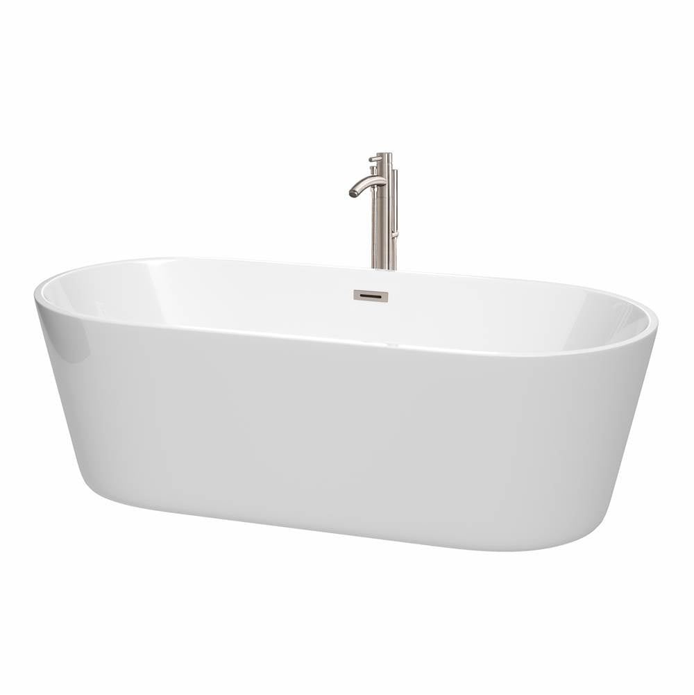 Wyndham Collection - Carissa 71 Inch Freestanding Bathtub in White with Floor Mounted Faucet, Drain and Overflow Trim in Brushed Nickel - White With Brushed Nickel