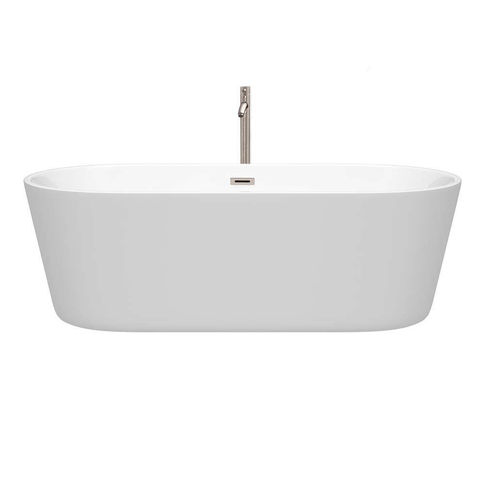 Carissa 71 Inch Freestanding Bathtub in White with Floor Mounted Faucet, Drain and Overflow Trim in Brushed Nickel