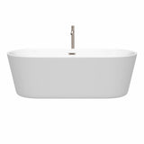 Carissa 71 Inch Freestanding Bathtub in White with Floor Mounted Faucet, Drain and Overflow Trim in Brushed Nickel