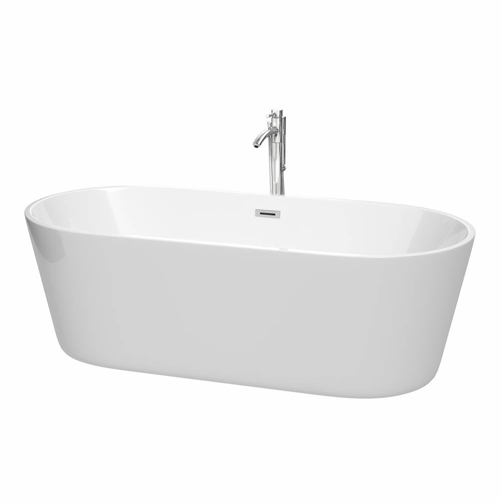 Wyndham Collection - Carissa 71 Inch Freestanding Bathtub in White with Floor Mounted Faucet, Drain and Overflow Trim in Polished Chrome - White With Polished Chrome