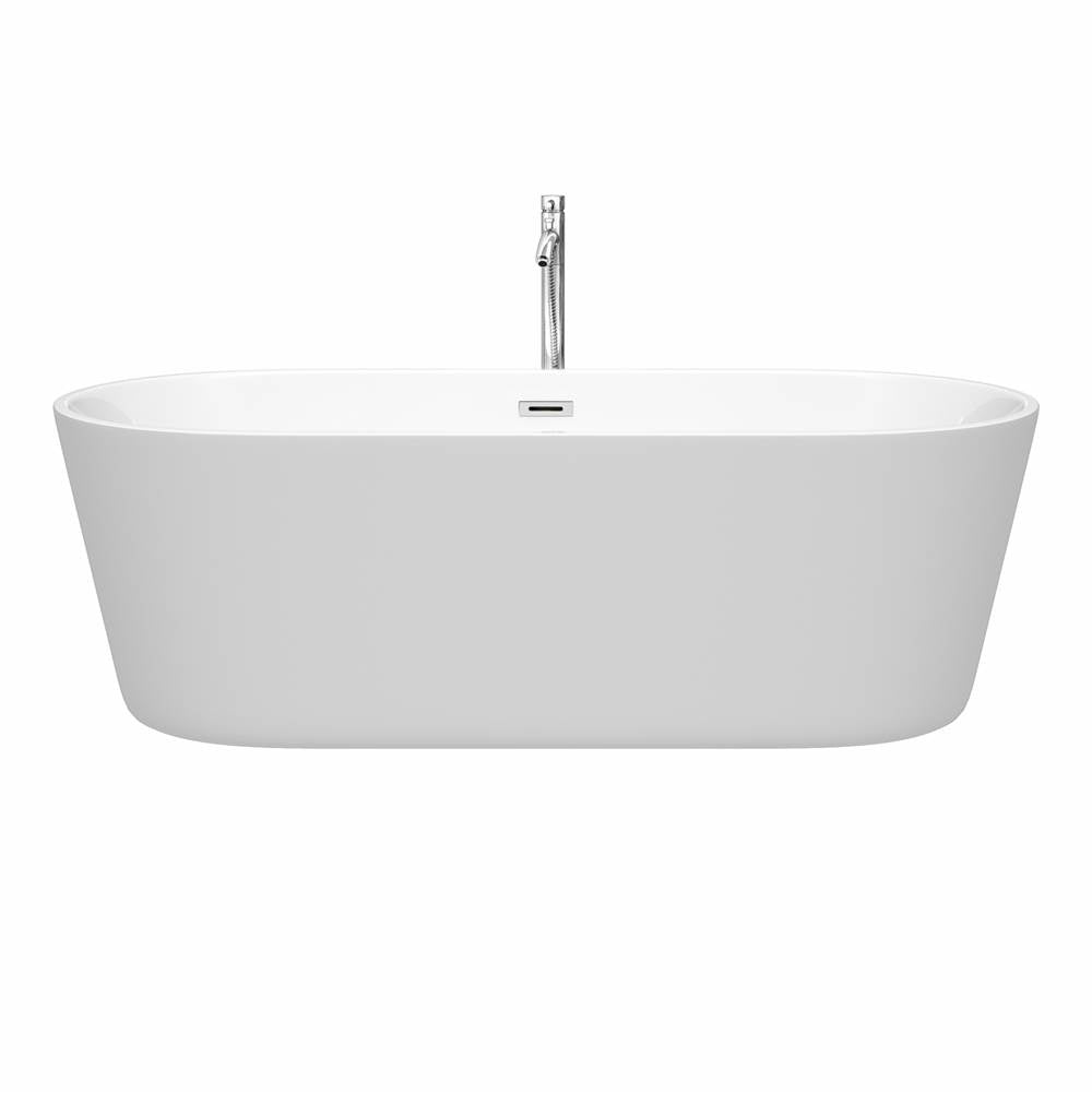 Carissa 71 Inch Freestanding Bathtub in White with Floor Mounted Faucet, Drain and Overflow Trim in Brushed Nickel