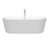 Carissa 71 Inch Freestanding Bathtub in White with Floor Mounted Faucet, Drain and Overflow Trim in Brushed Nickel