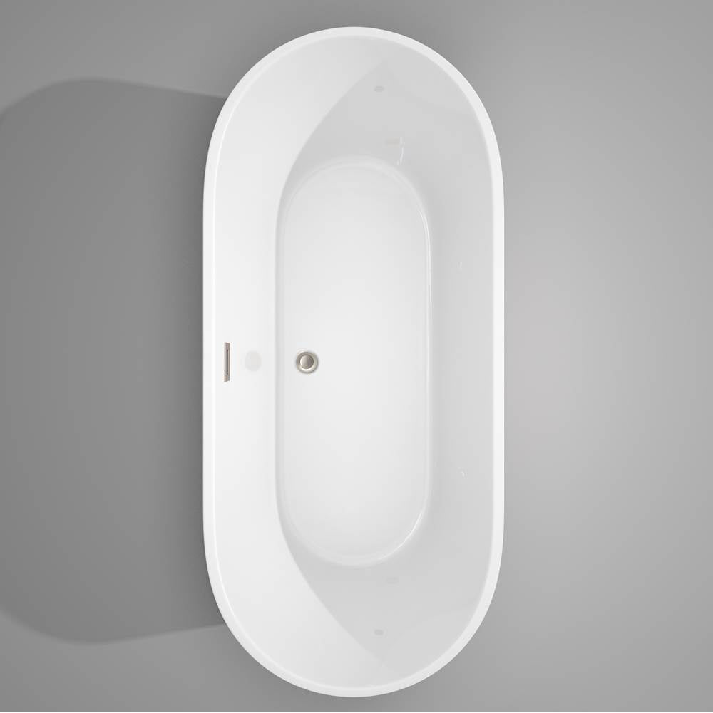 Carissa 71 Inch Freestanding Bathtub in White with Floor Mounted Faucet, Drain and Overflow Trim in Brushed Nickel