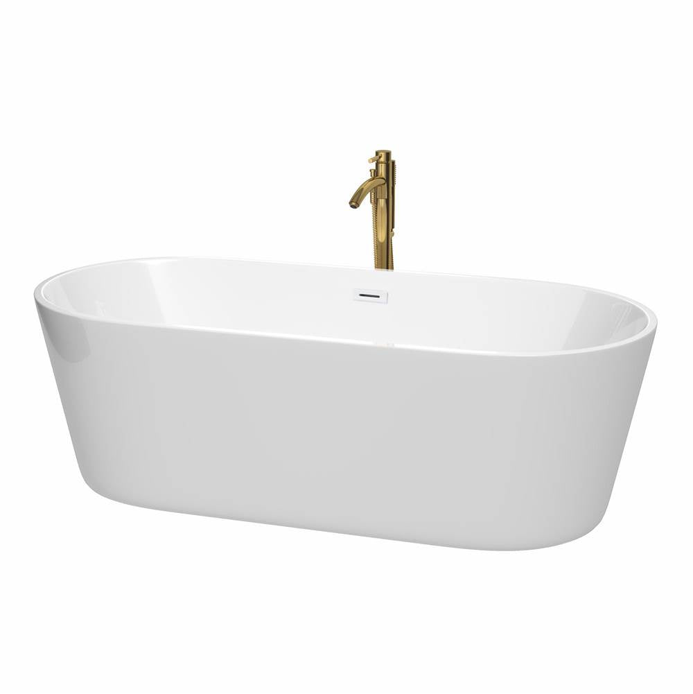 Wyndham Collection - Carissa 71 Inch Freestanding Bathtub in White with Shiny White Trim and Floor Mounted Faucet in Brushed Gold