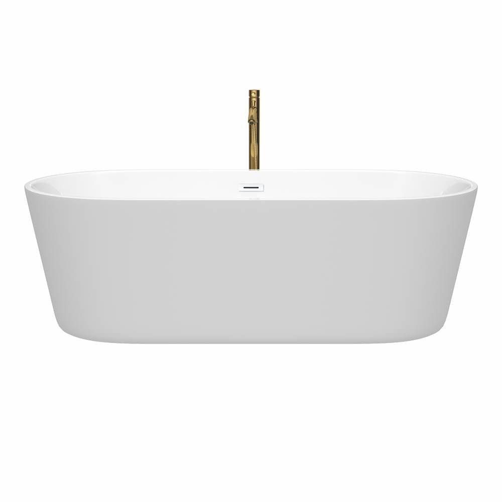 Carissa 71 Inch Freestanding Bathtub in White with Shiny White Trim and Floor Mounted Faucet in Brushed Gold