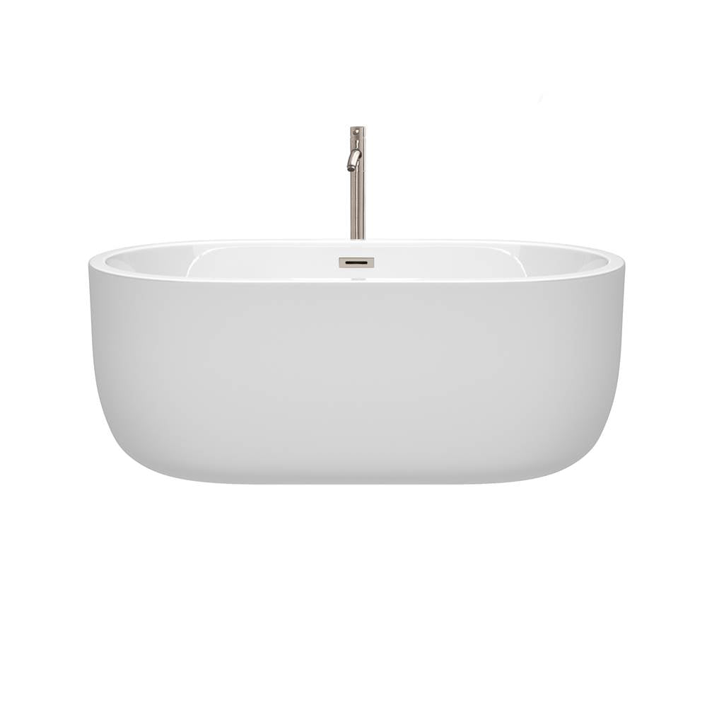 Juliette 60 Inch Freestanding Bathtub in White with Floor Mounted Faucet, Drain and Overflow Trim in Brushed Nickel