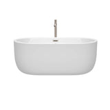 Juliette 60 Inch Freestanding Bathtub in White with Floor Mounted Faucet, Drain and Overflow Trim in Brushed Nickel