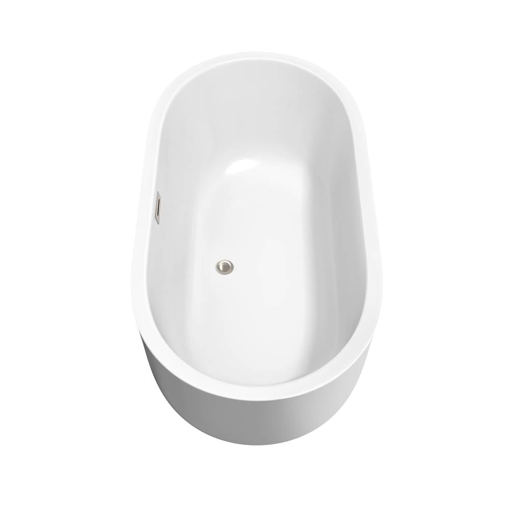 Juliette 60 Inch Freestanding Bathtub in White with Floor Mounted Faucet, Drain and Overflow Trim in Brushed Nickel