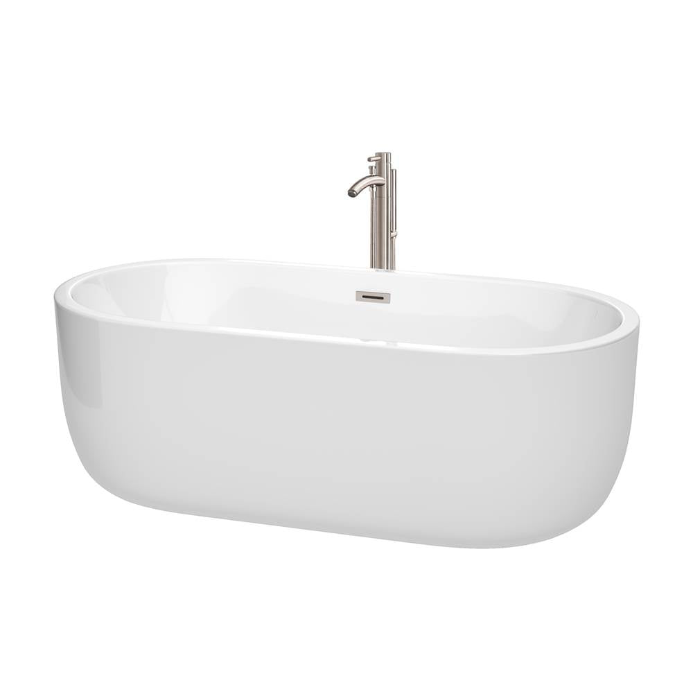 Wyndham Collection - Juliette 67 Inch Freestanding Bathtub in White with Floor Mounted Faucet, Drain and Overflow Trim in Brushed Nickel - White With Brushed Nickel