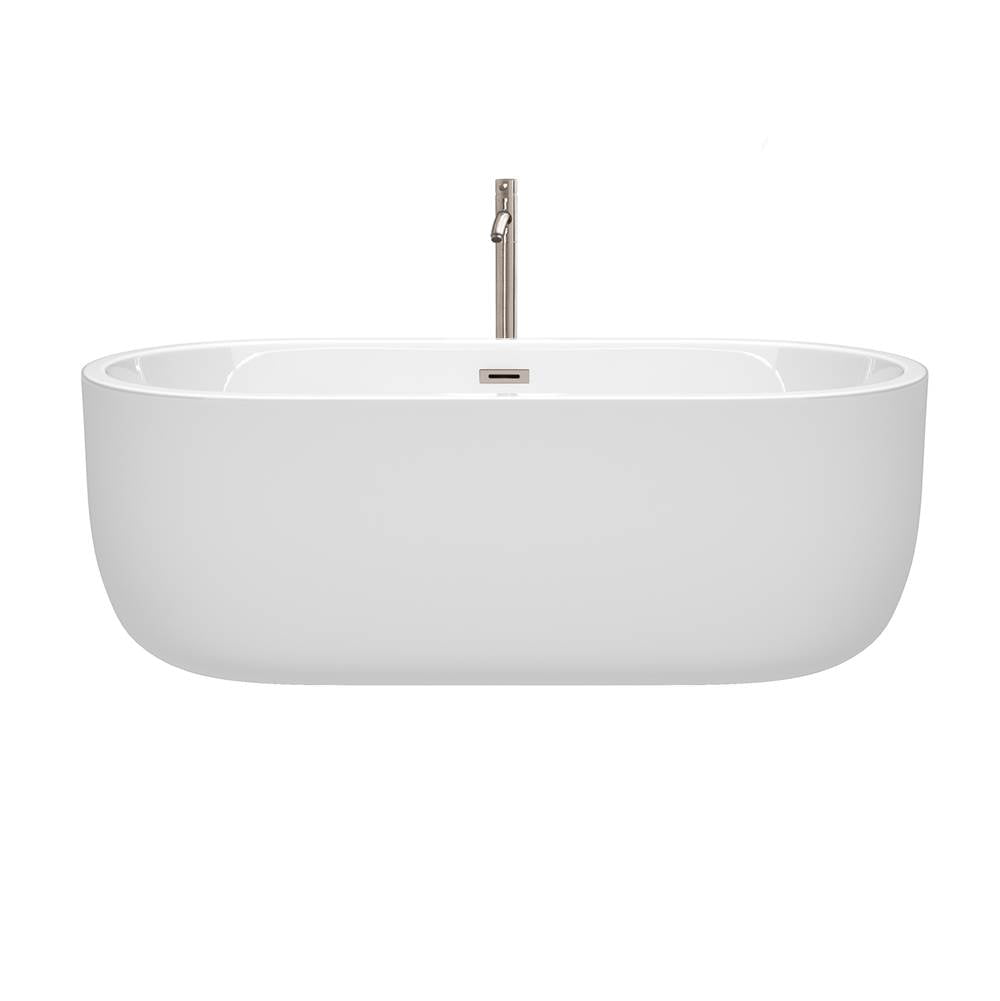 Juliette 67 Inch Freestanding Bathtub in White with Floor Mounted Faucet, Drain and Overflow Trim in Brushed Nickel
