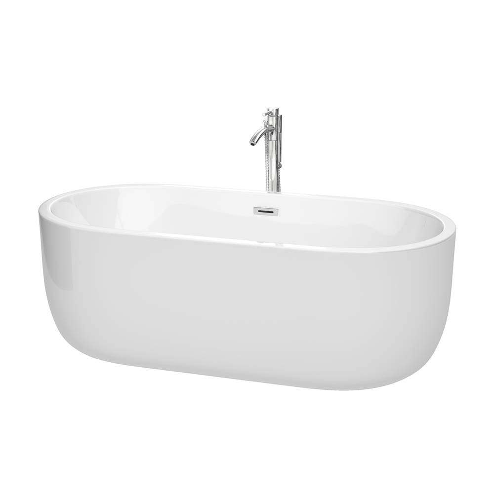 Wyndham Collection - Juliette 67 Inch Freestanding Bathtub in White with Floor Mounted Faucet, Drain and Overflow Trim in Polished Chrome - White With Polished Chrome
