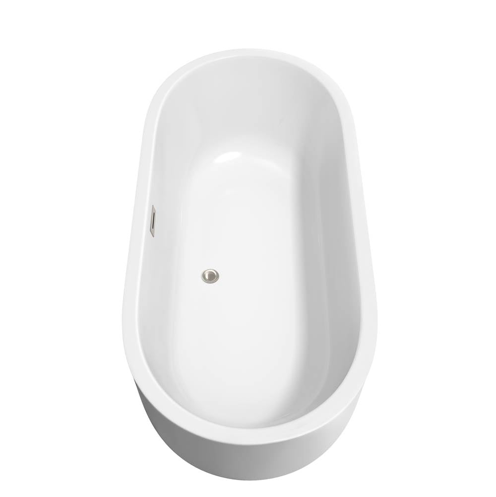 Juliette 67 Inch Freestanding Bathtub in White with Floor Mounted Faucet, Drain and Overflow Trim in Brushed Nickel