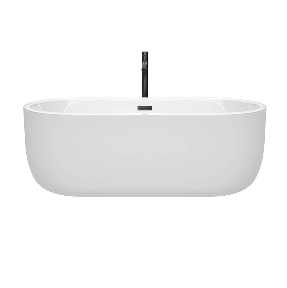 Juliette 67 Inch Freestanding Bathtub in White with Floor Mounted Faucet, Drain and Overflow Trim in Matte Black
