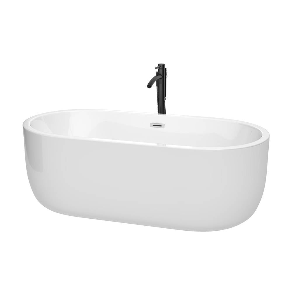 Wyndham Collection - Juliette 67 Inch Freestanding Bathtub in White with Polished Chrome Trim and Floor Mounted Faucet in Matte Black